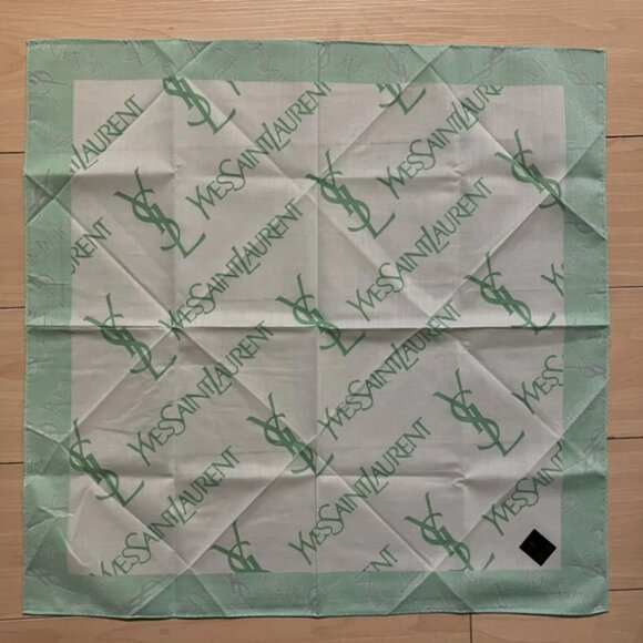 New Yves Saint Laurent Bandana Handkerchief Scarf YSL Logo All Over Green - Picture 2 of 2